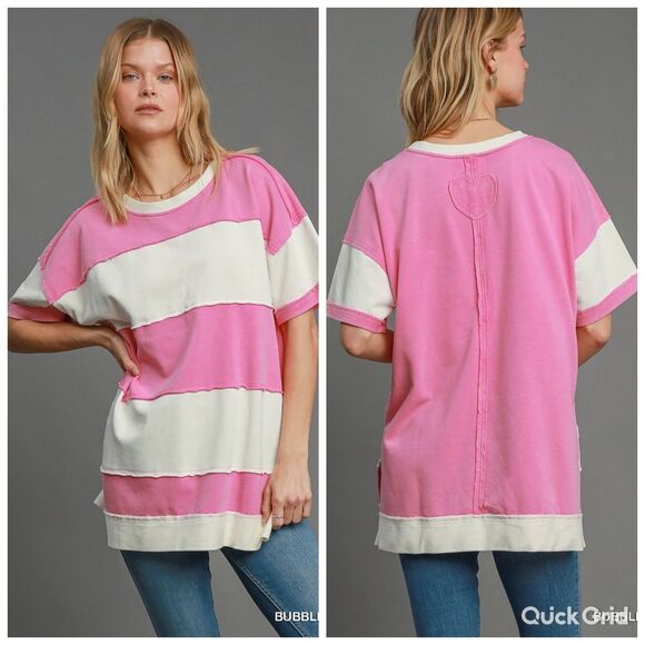 Umgee USA Umgee Mineral Wash ColorBlock Tunic Dress Pink White - Picture 1 of 7